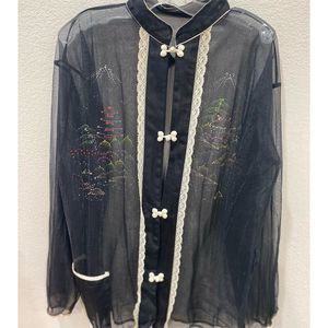 Vintage Hand-Painted Sheer Black Silk Blouse Women's Size S Casual